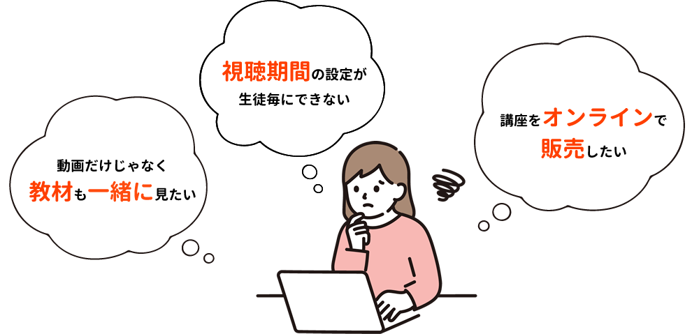 動画だけじゃなく教材も一緒に見たい、視聴期間の設定が生徒ごとにできない、動画ごとにパスワードをかけるのは大変