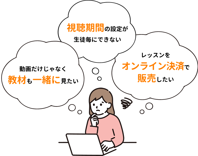 動画だけじゃなく教材も一緒に見たい、視聴期間の設定が生徒ごとにできない、動画ごとにパスワードをかけるのは大変