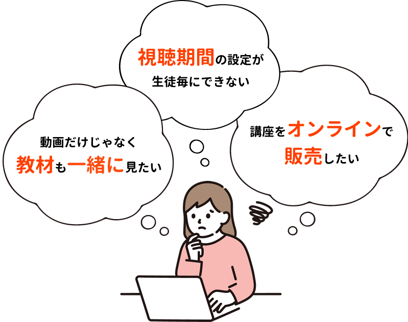 動画だけじゃなく教材も一緒に見たい、視聴期間の設定が生徒ごとにできない、動画ごとにパスワードをかけるのは大変